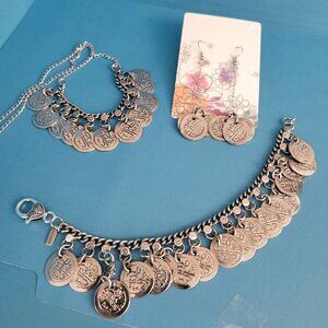 3 Pc Vintage Estate Belly Dancer Coin Chain Upcycled Necklace Bracelet, Earrings